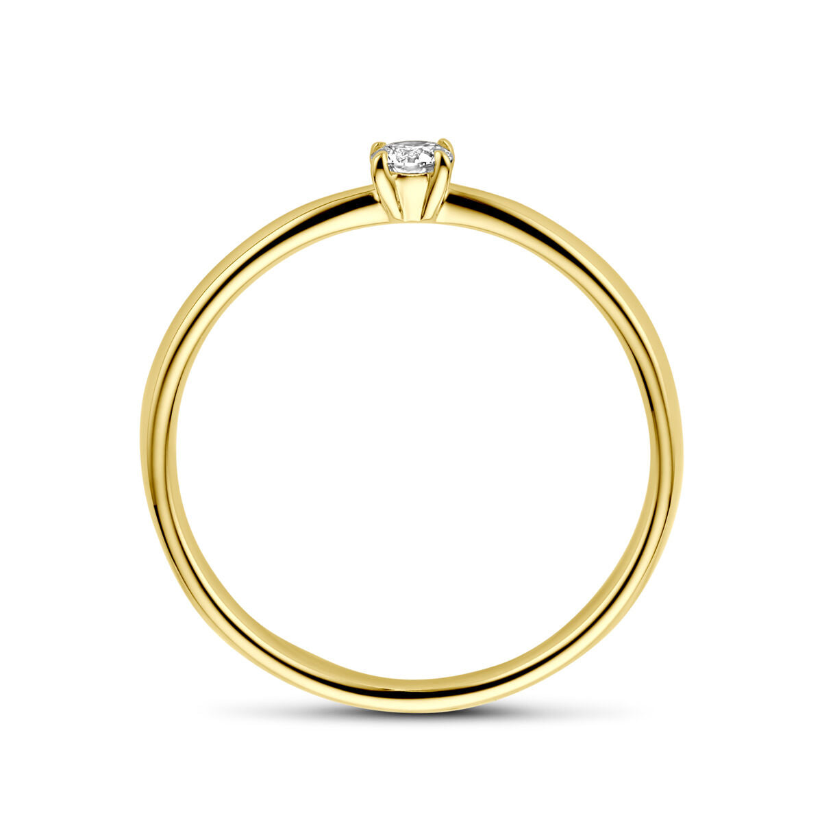 Aanzoeksring van 14K geelgoud met een solitaire diamant van 0.10ct, eenvoudige en strakke vorm.