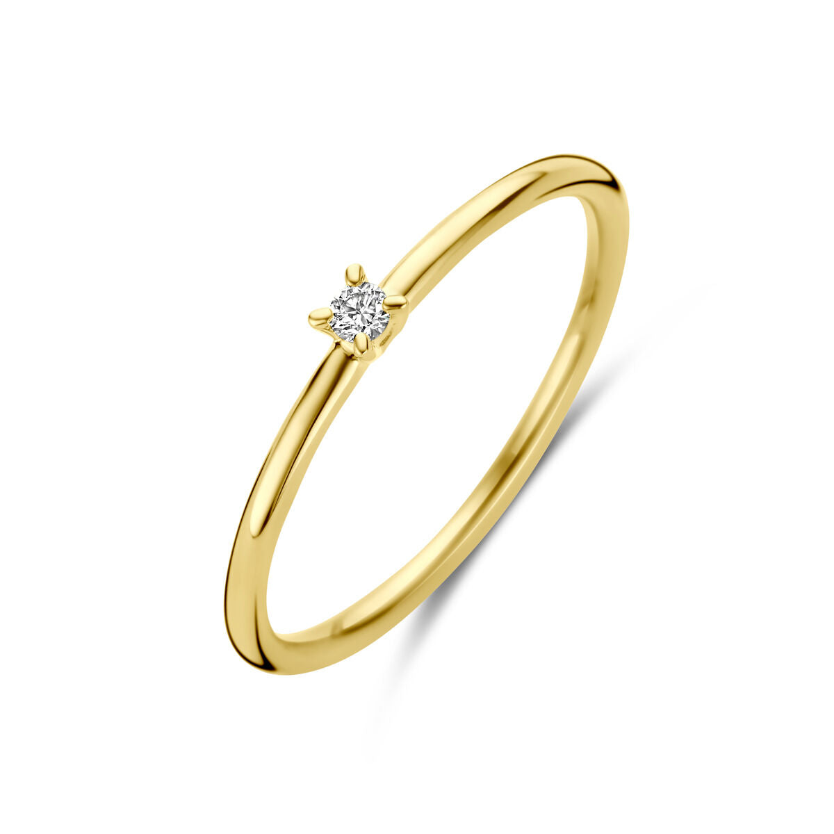Bague en or jaune 14K avec un diamant de 0,03 ct, design minimaliste.