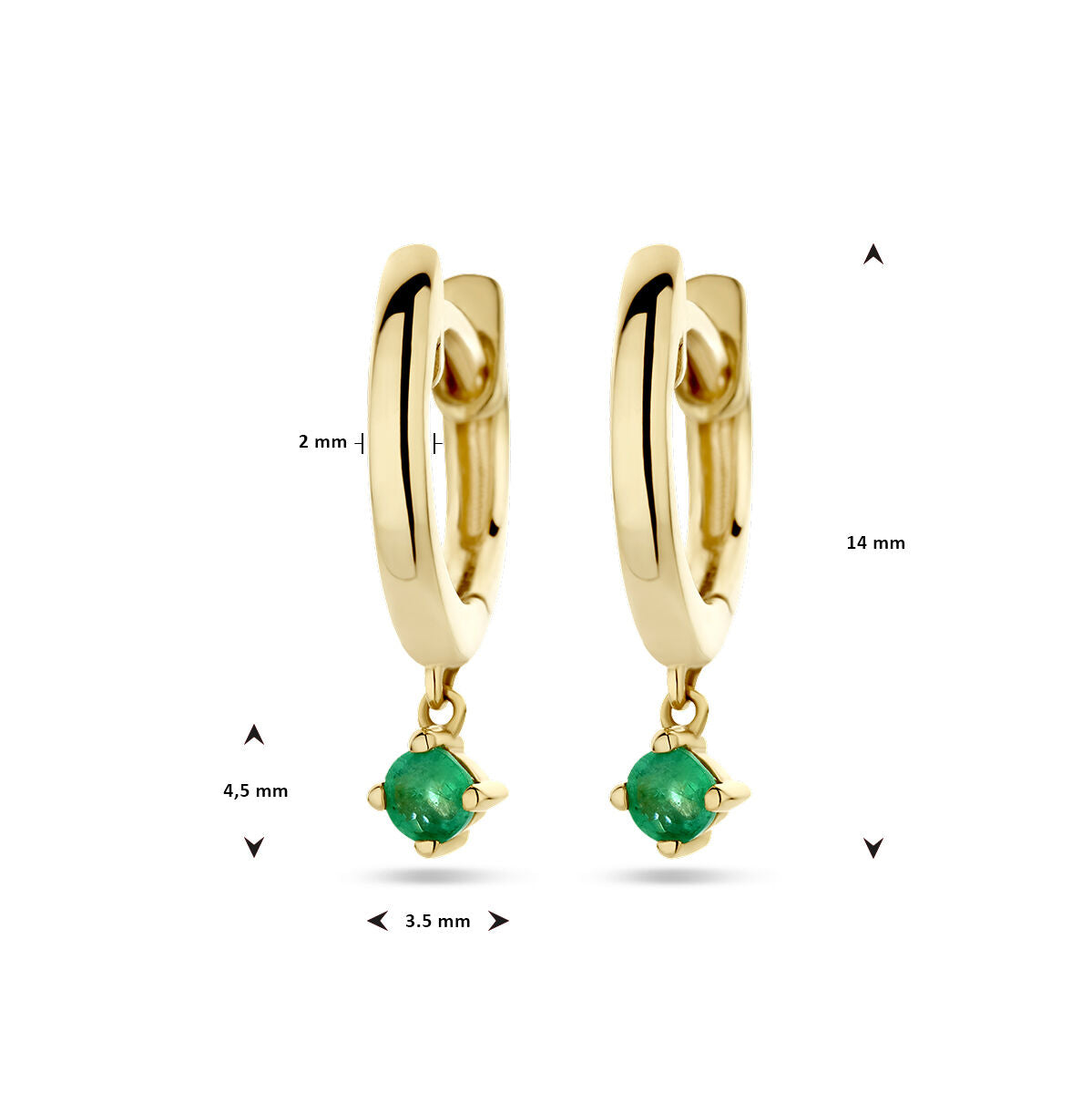 Van der Kooij Collectie klapoorringen smaragd 14K geelgoud: 14 mm hoog, smaragdstenen van 4,5 x 3,5 mm, ringdikte 2 mm. Stijlvolle dames oorringen voor elke gelegenheid.