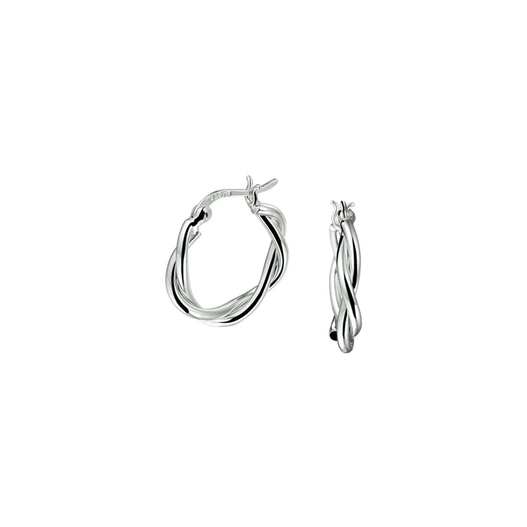 Een paar Van der Kooij Collectie oorringen gedraaide buis zilver gerhodineerd met een elegant gedraaid ontwerp en scharniersluiting, getoond op een witte achtergrond.