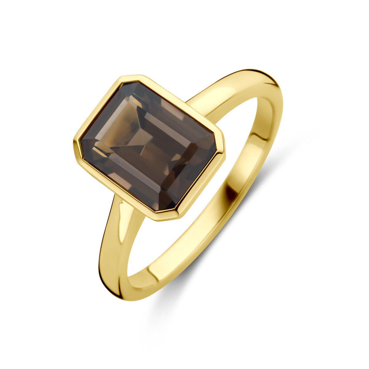 Bague en or jaune 14K avec une pierre de quartz fumé rectangulaire.