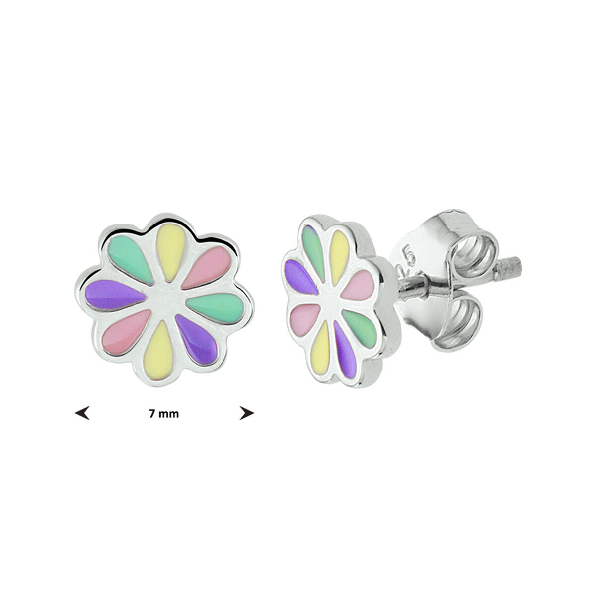 Van der Kooij Collectie oorknoppen bloem zilver gerhodineerd: zilveren kinderoorbellen met pastelroze, gele, groene en paarse bloemblaadjes (7 mm) en veilige vlinder sluiting-ideaal voor kinderen.