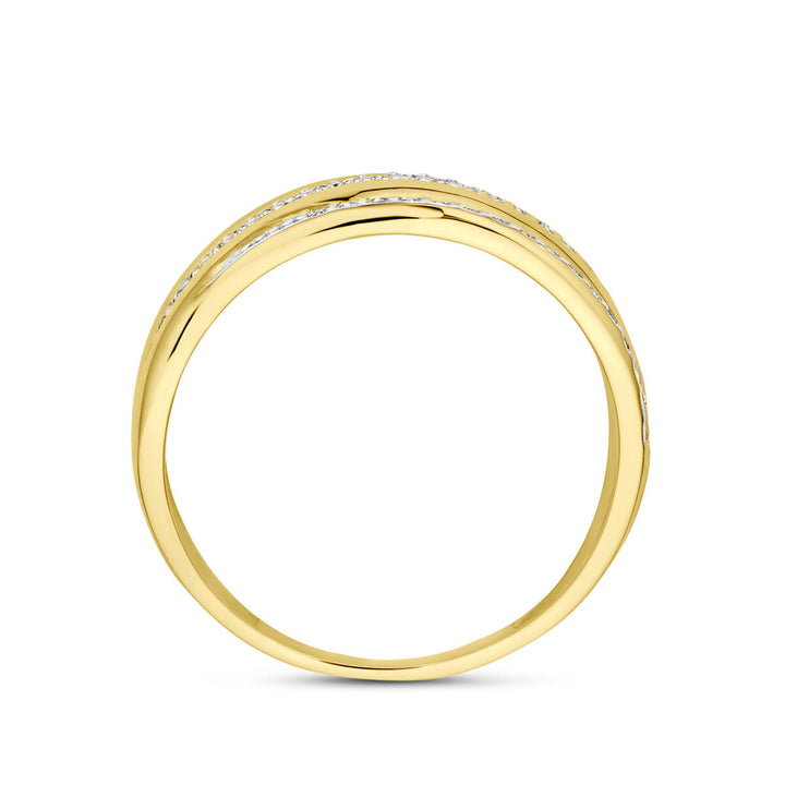 Van der Kooij Collectie ring zirkonia bicolor gestift, uitgevoerd in 14K geelgoud. Deze damesring heeft een dubbele band met sprankelende zirkonia accenten, van opzij gezien tegen een witte achtergrond.