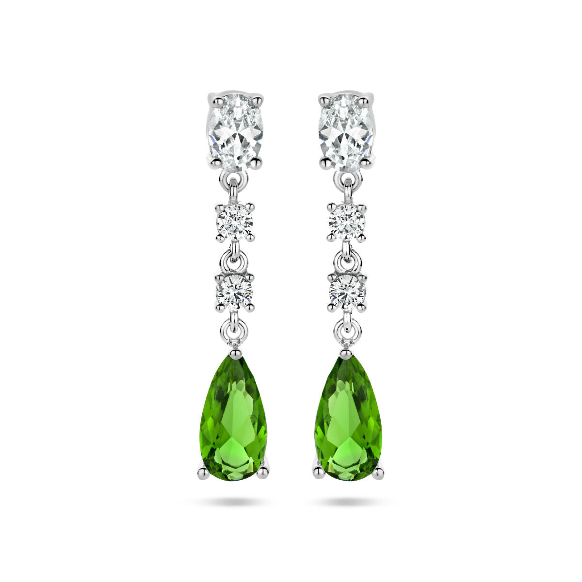 Boucles d'oreilles en argent rhodié avec zirconia blancs et verts en forme de goutte.