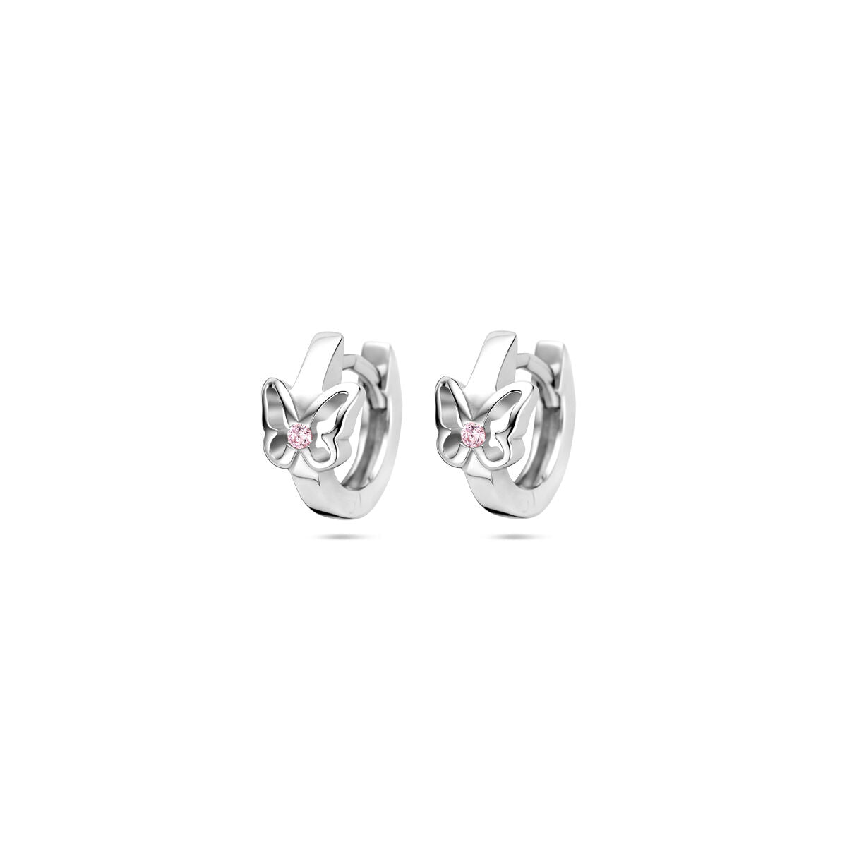 Boucles d'oreilles en argent rhodié avec motif de papillon et pierres roses.
