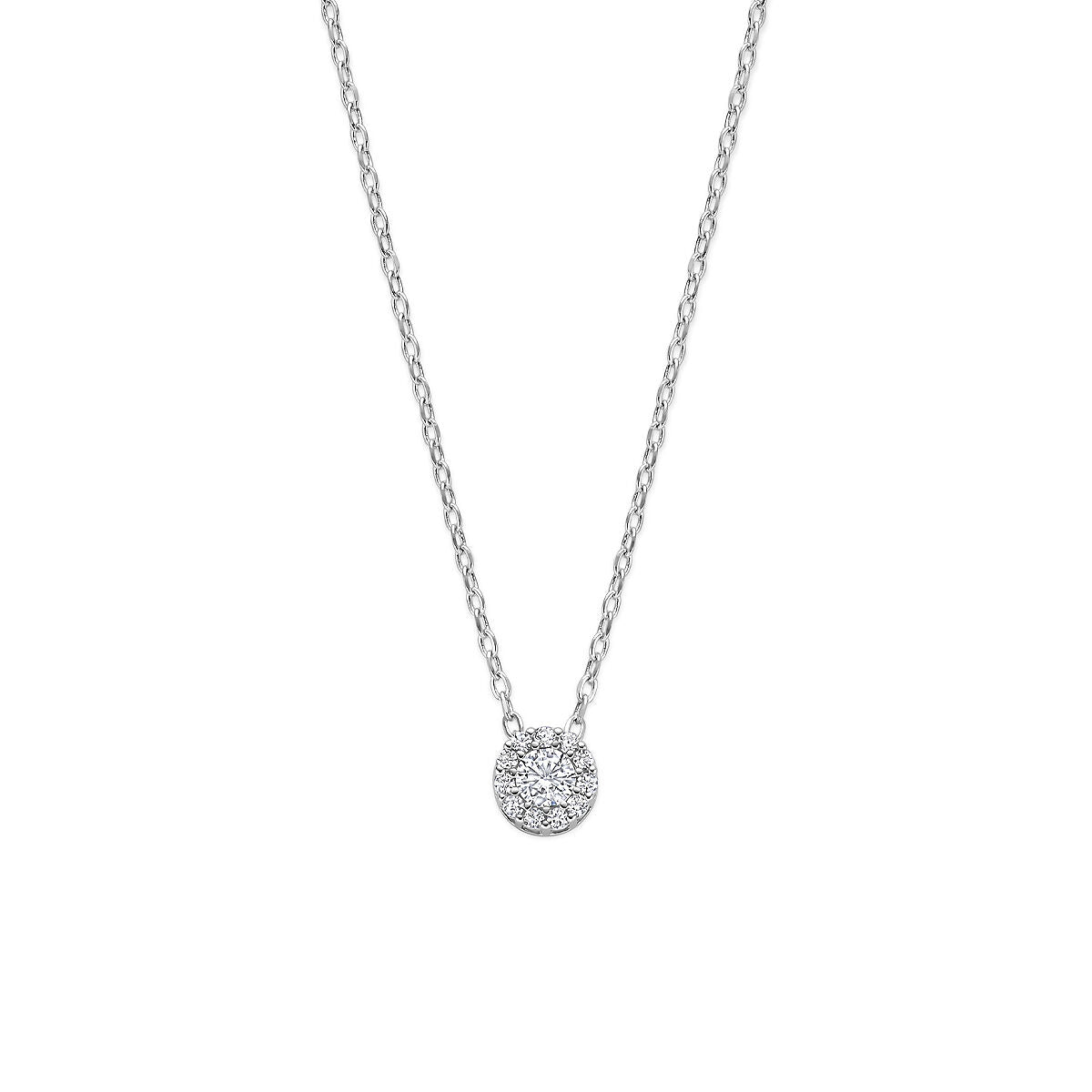 Collier en argent rhodié avec pendentif rond orné de zirconia en sertissage entourage.