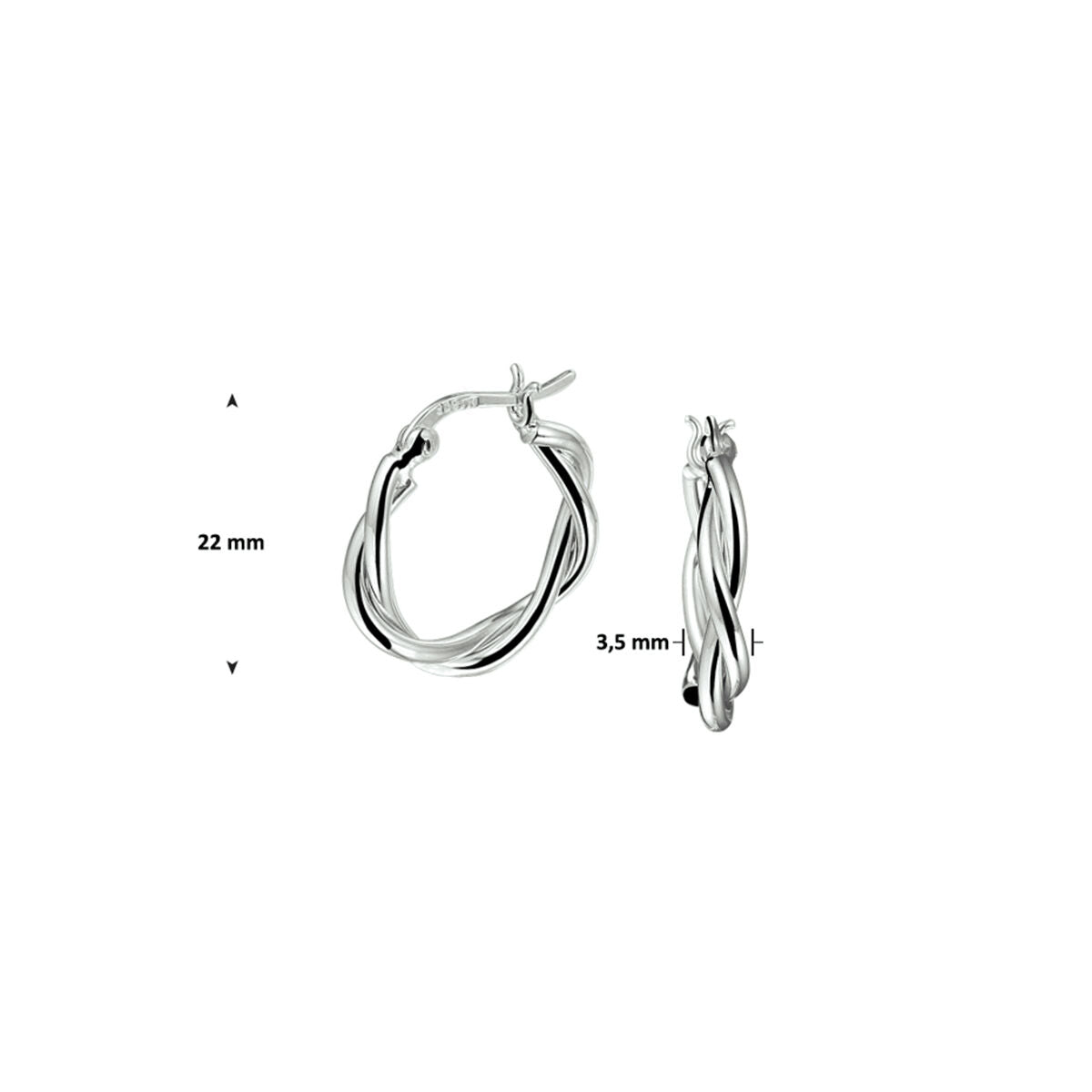 Van der Kooij Collectie oorringen gedraaide buis zilver gerhodineerd, getoond van voren en opzij met afmetingen 22 mm hoog en 3,5 mm breed. Strak damesdesign gepresenteerd op een witte achtergrond.