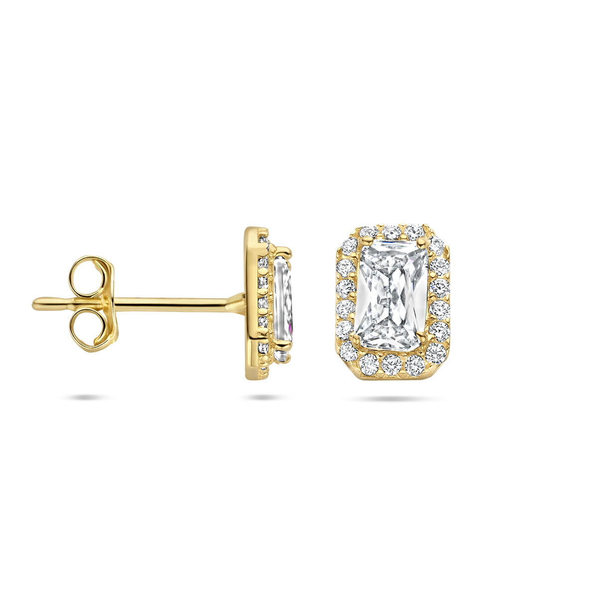 puces d'oreilles zircone halo 14K or jaune