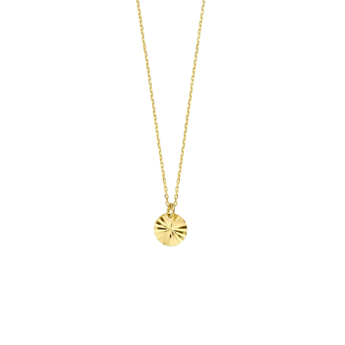 Collier en or jaune 14K avec pendentif rond et motif rayonnant.