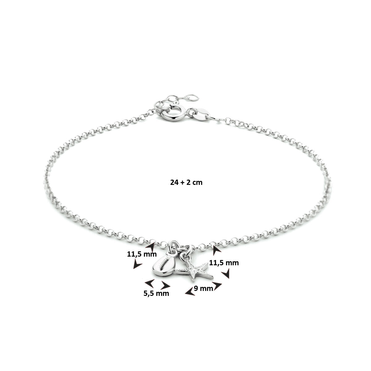 bracelet de cheville coquillage et étoile de mer 24 + 2 cm argent rhodié