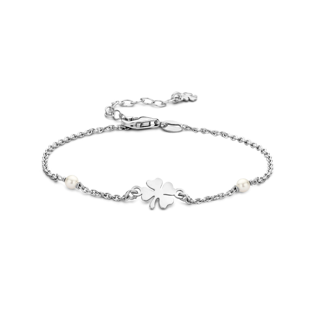 Bracelet en argent rhodié avec perles synthétiques et motif de trèfle, longueur de 16 à 19 cm.
