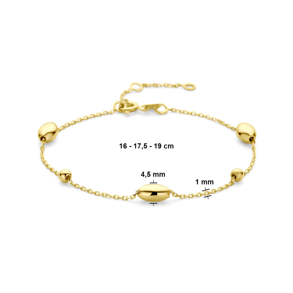 bracelet ovales et billes 16 - 17,5 - 19 cm or jaune 14K