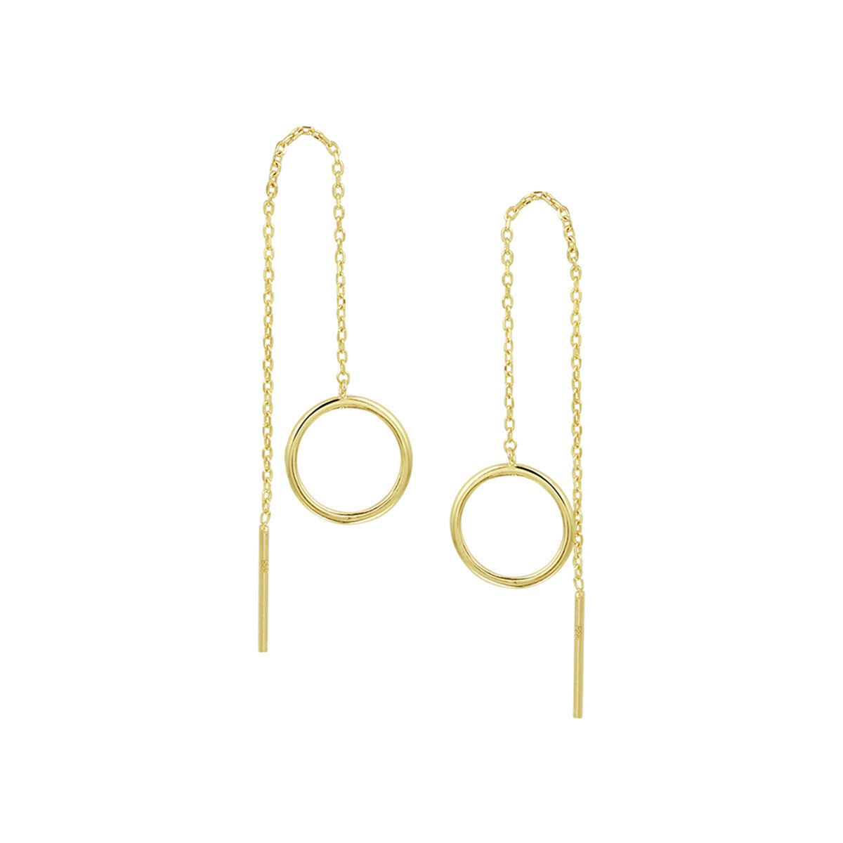 Boucles d'oreilles en or jaune 14K avec des anneaux suspendus et des chaînes délicates.