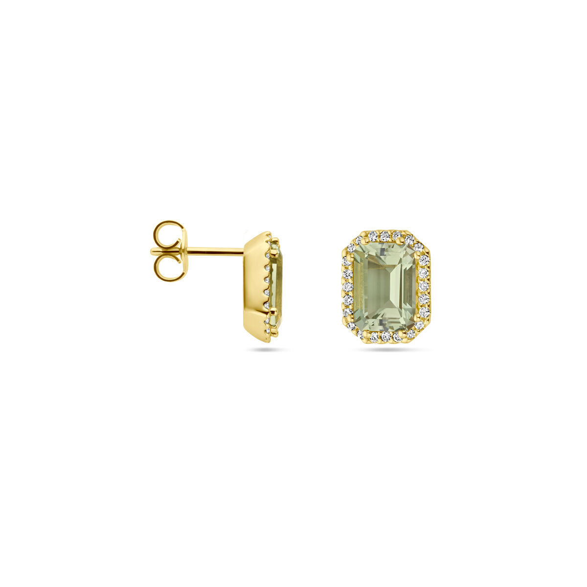 puces d'oreilles améthyste verte et diamant 0.14ct (2x 0.07ct) h si halo or jaune 18K