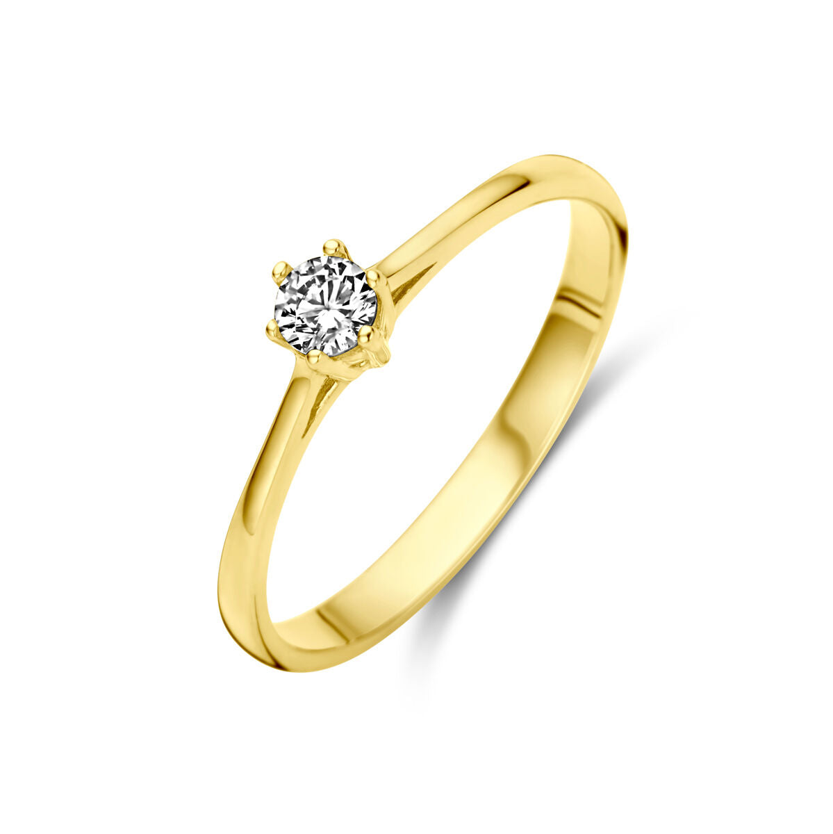 Bague en or jaune 14K avec un zirconia brillant en forme de rond.