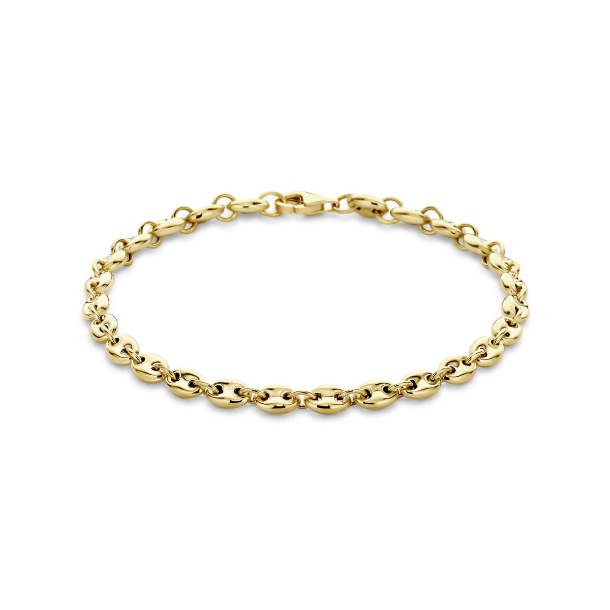 Bracelet en or jaune 14K avec maillons en forme de grain de café, 4,2 mm de large et 18 cm de long.