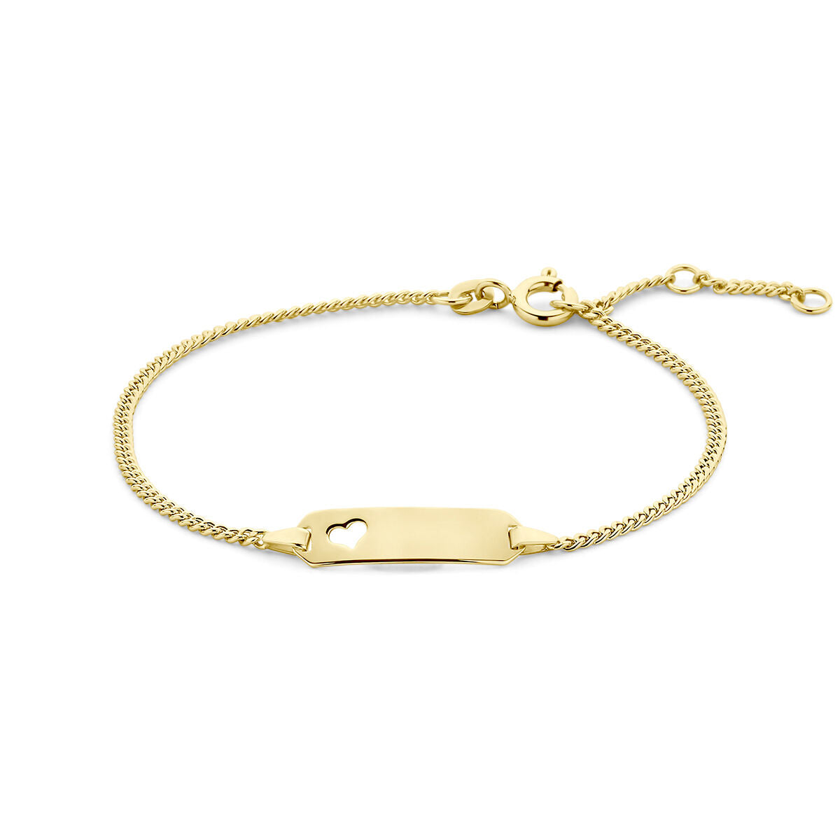 Bracelet gourmette en or jaune 14K avec plaque gravable en forme de cœur.