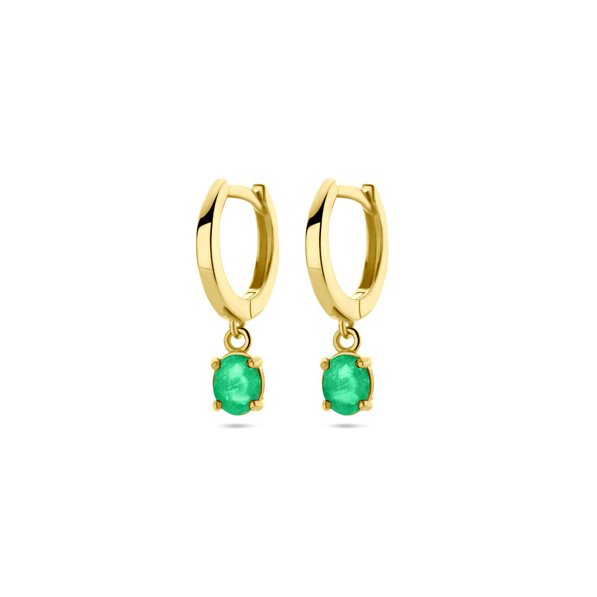 Klapoorringen van 14K geelgoud met een hangende smaragd van 19 mm.