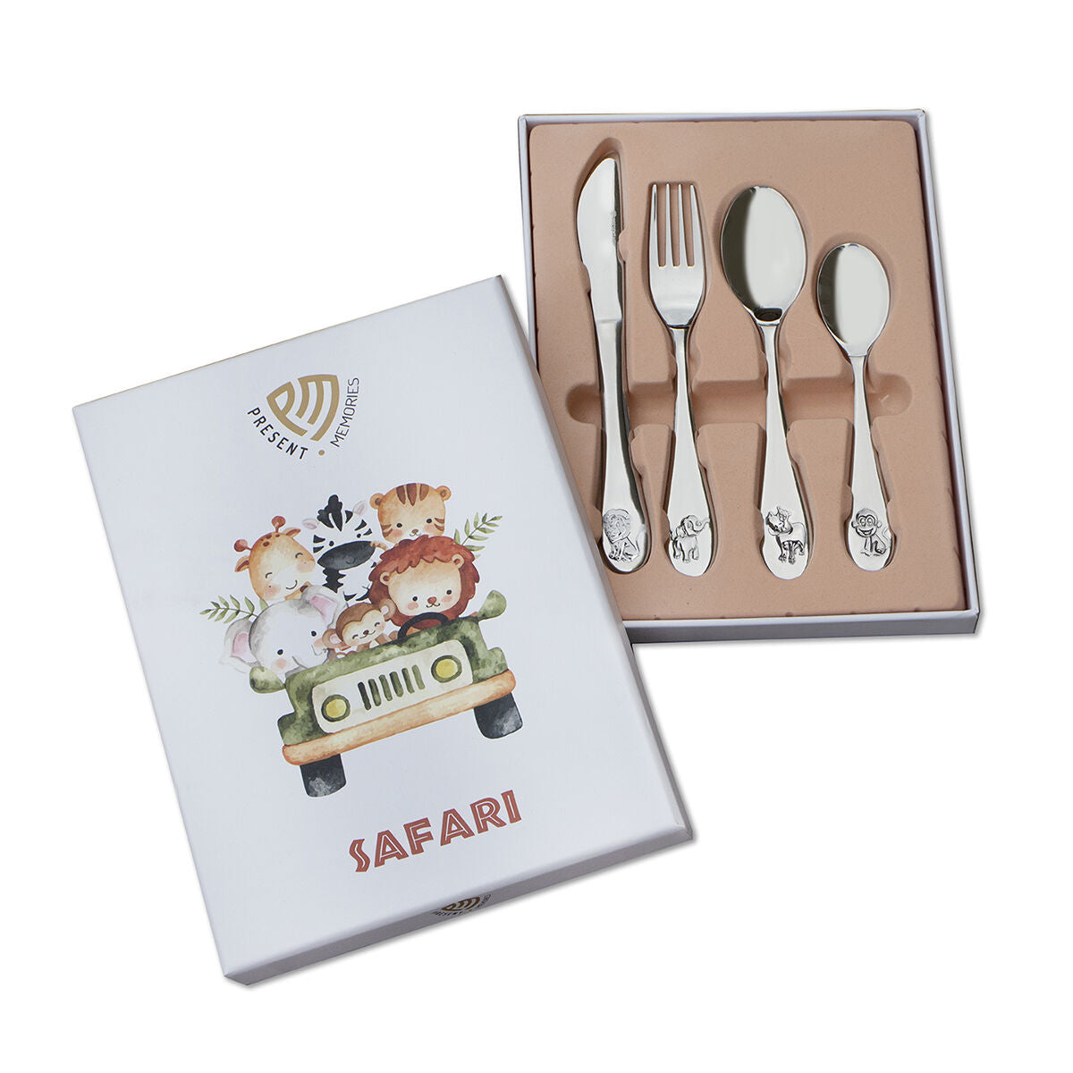 Coffret de couverts pour enfants en acier inoxydable avec motifs animaliers.