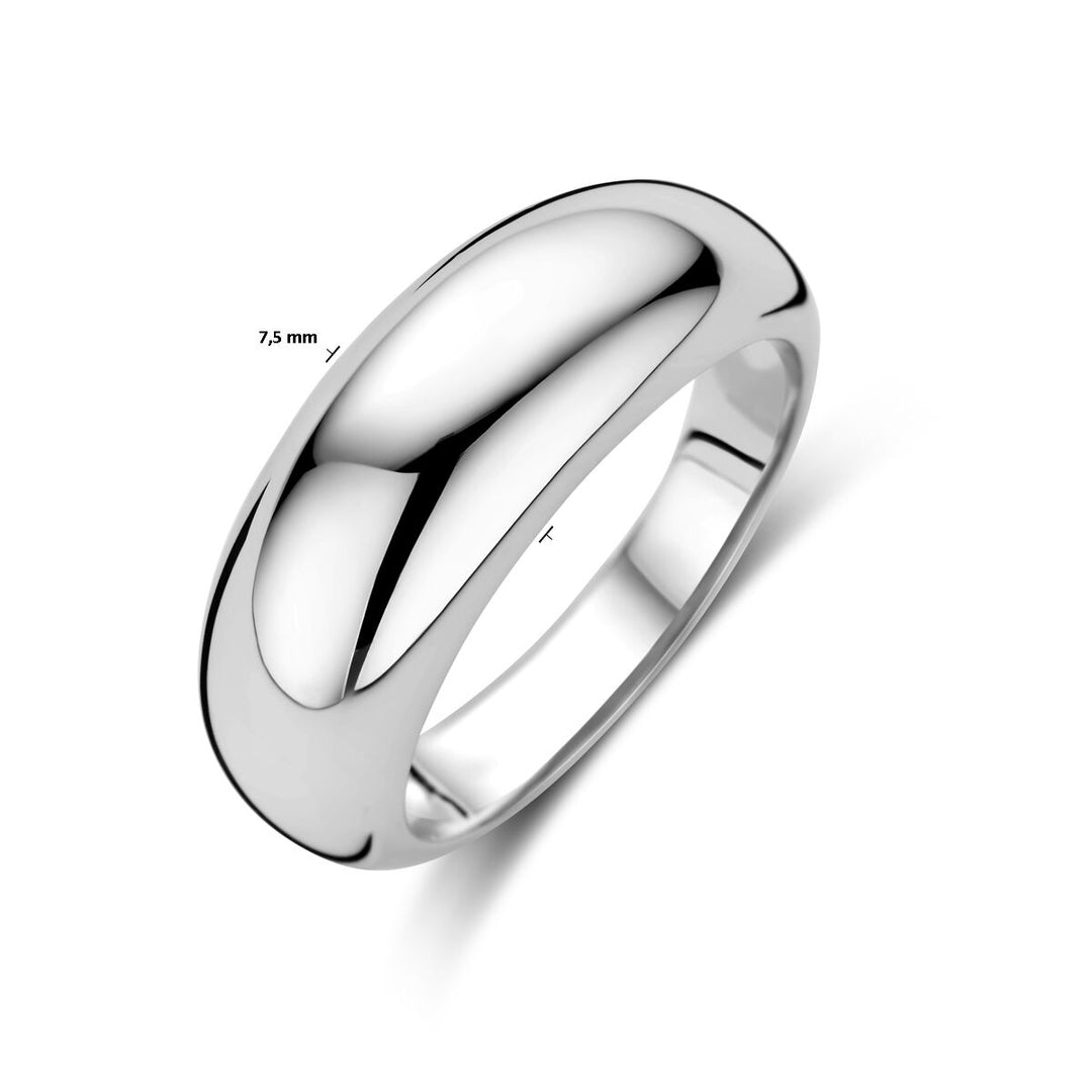 Een strakke Van der Kooij Collectie ring zilver gerhodineerd met een glad, afgerond oppervlak en een breedte van 7,5 mm is afgebeeld tegen een witte achtergrond.