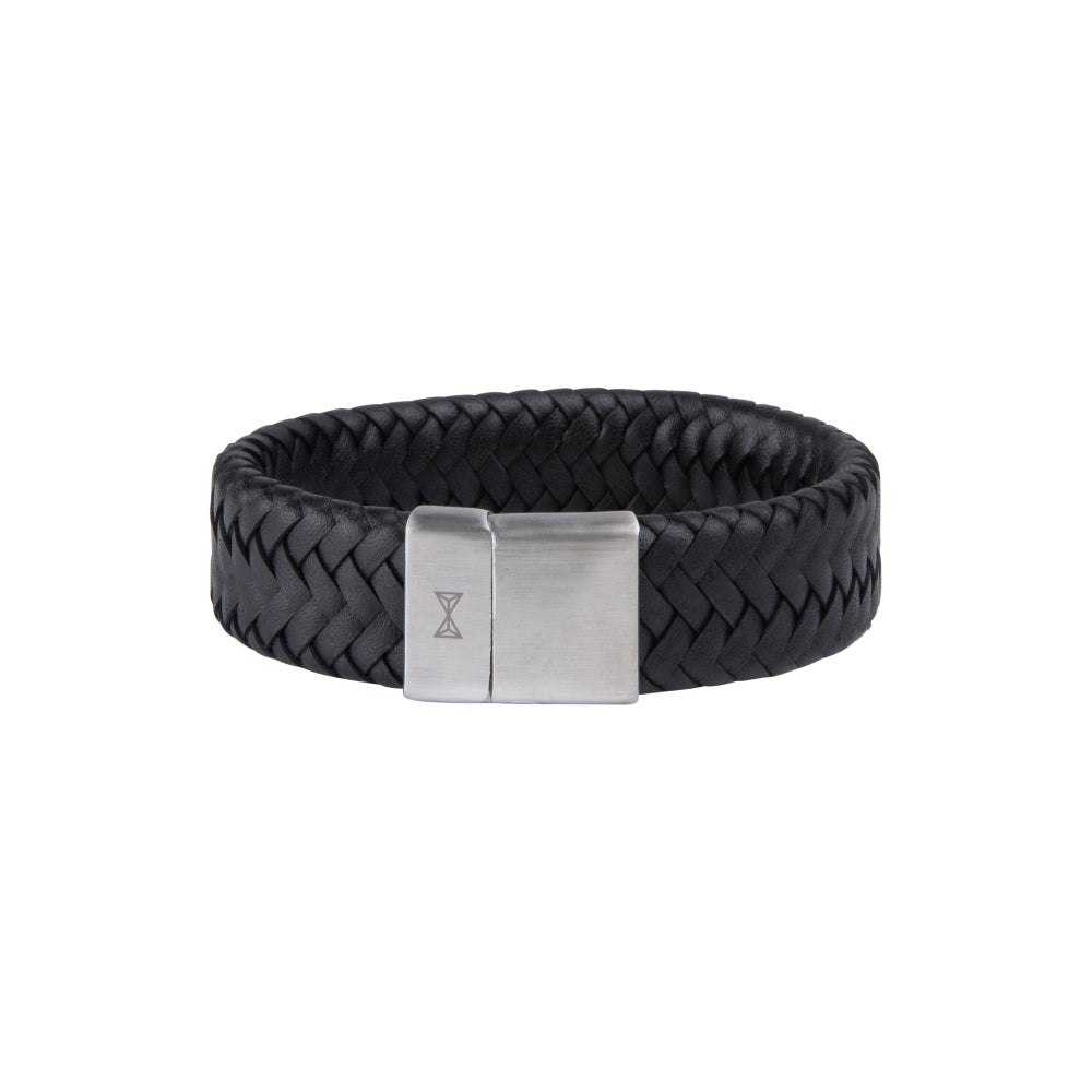 bracelet en cuir tressé noir avec fermoir en acier inoxydable argenté