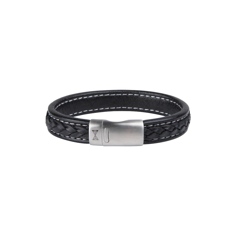 bracelet en cuir tressé noir avec fermoir en acier inoxydable argenté