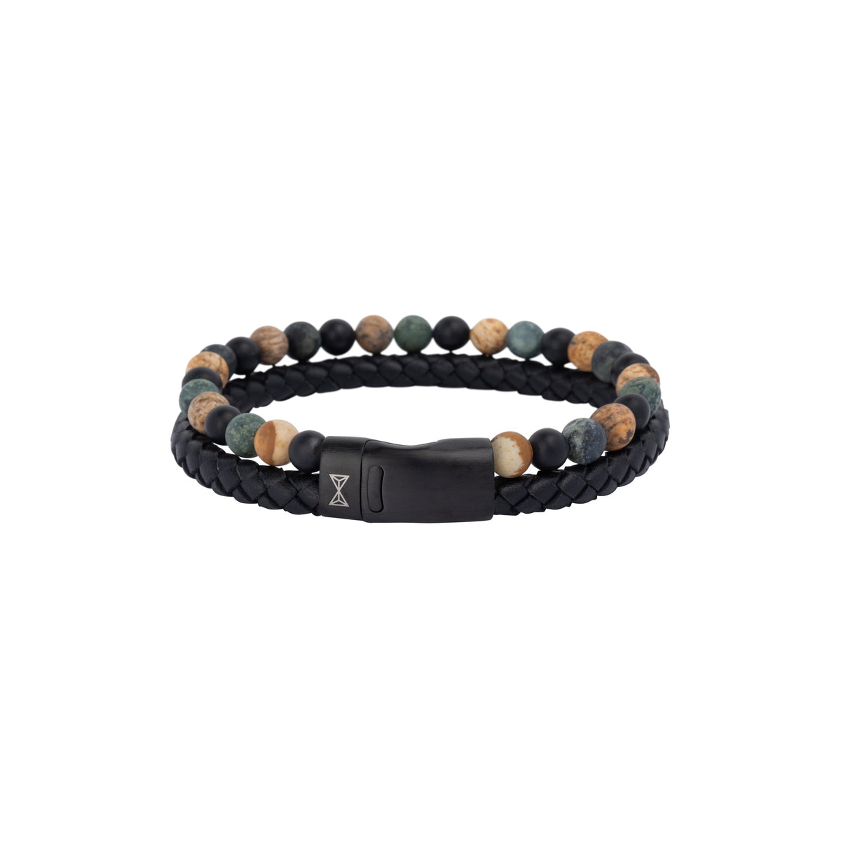 Bracelet en cuir tressé noir avec perles multicolores en pierre.