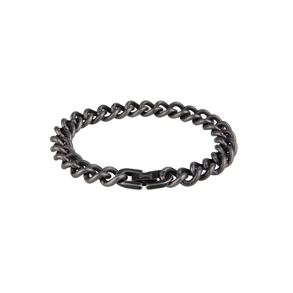 Bracelet en métal noir avec maillons en satin, finition antique.