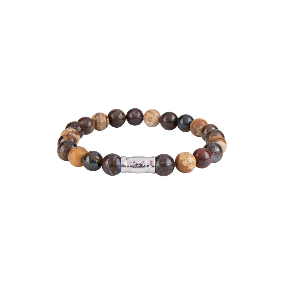 Bracelet en perles pour hommes Olympus de 8 mm avec des perles marron et beige, et un élément central argenté.
