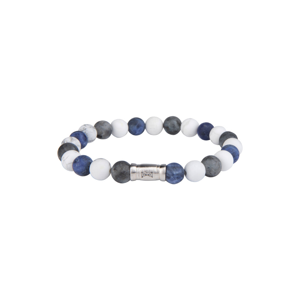 Bracelet en perles de 8 mm avec des perles blanches, grises et bleues, et un élément central en métal argenté.