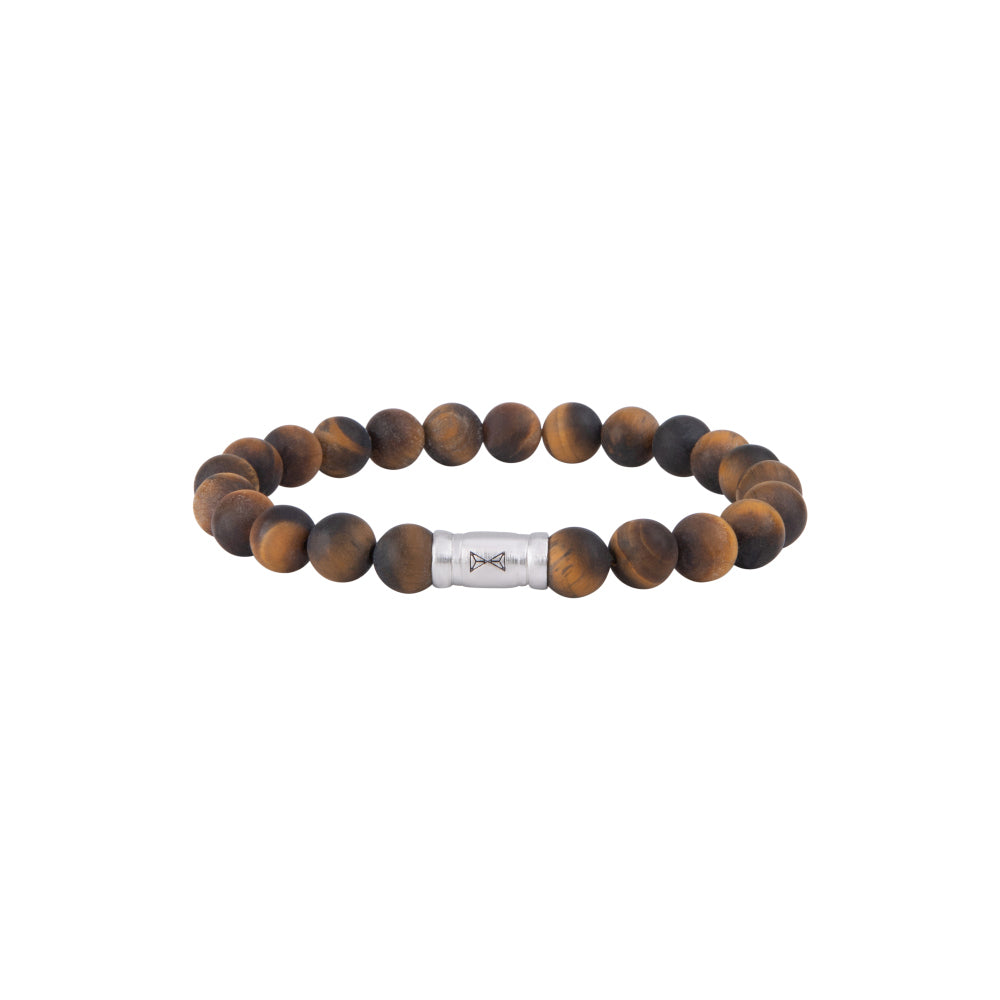 Bracelet en perles pour homme en bois de tigre, 8 mm, avec un élément en métal argenté.