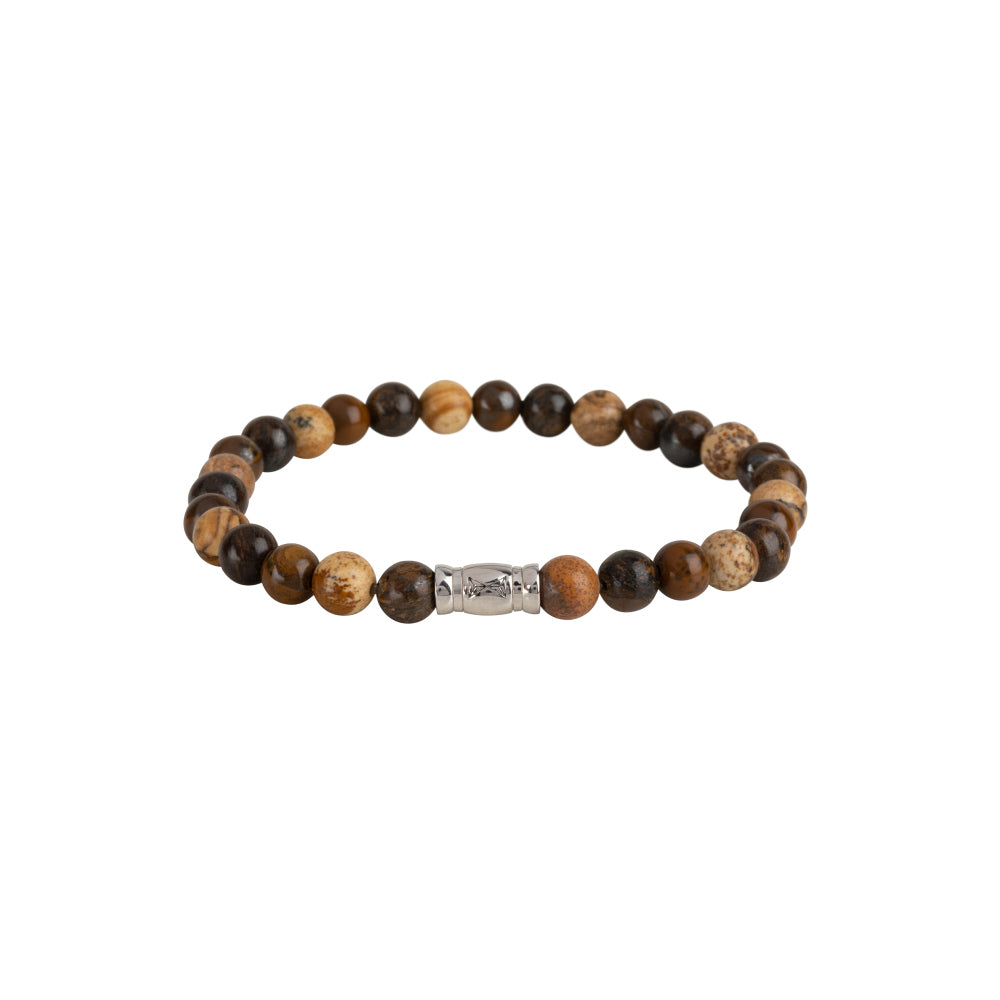 Bracelet en perles de 6 mm avec des perles marron et un élément central argenté.