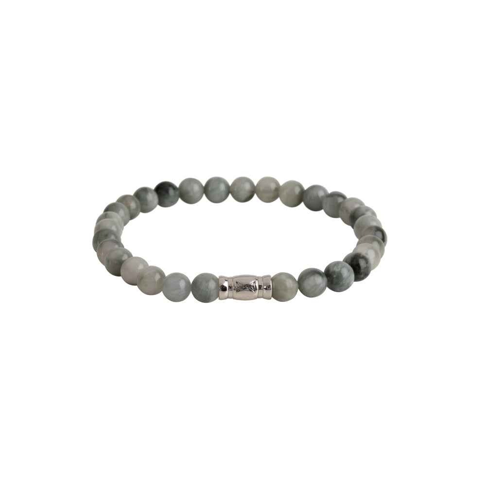 Bracelet en perles pour homme, perles de 6 mm, avec un élément en métal argenté au centre.