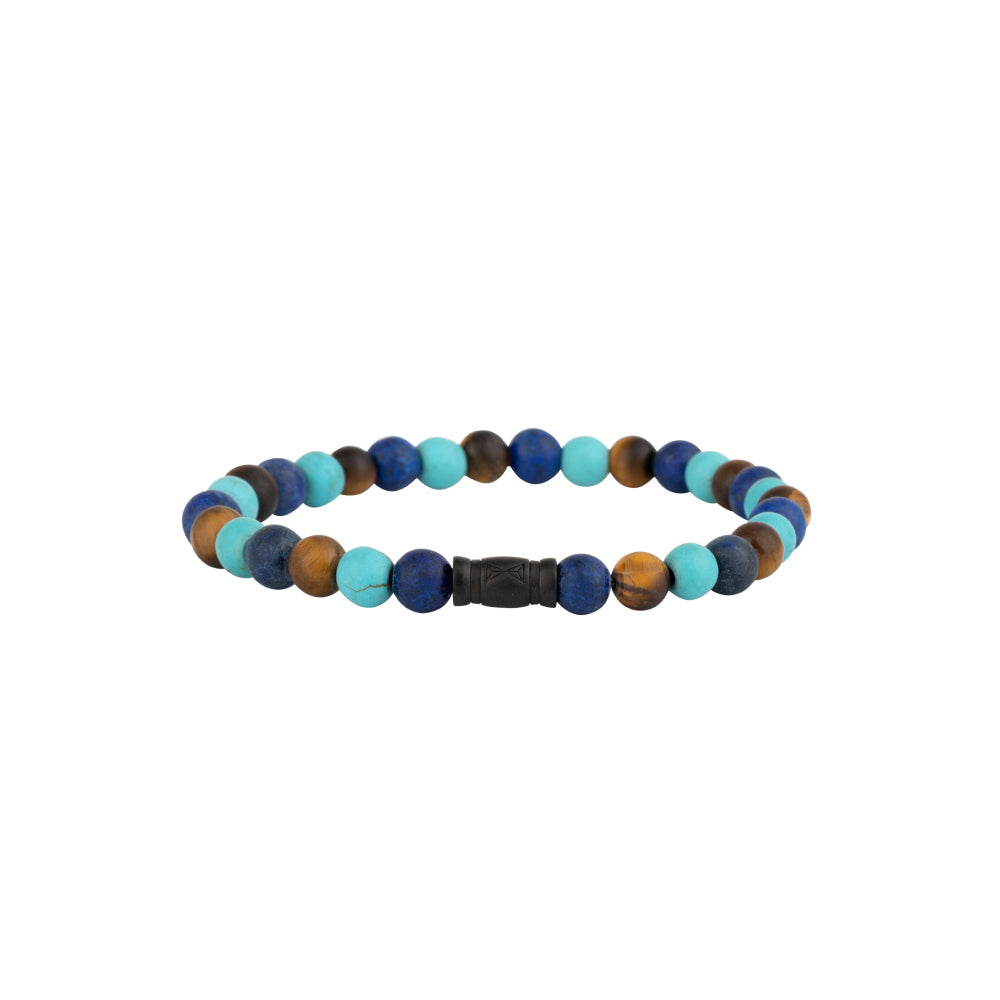 Bracelet en perles pour homme, avec perles de 6 mm en bleu, turquoise et marron.