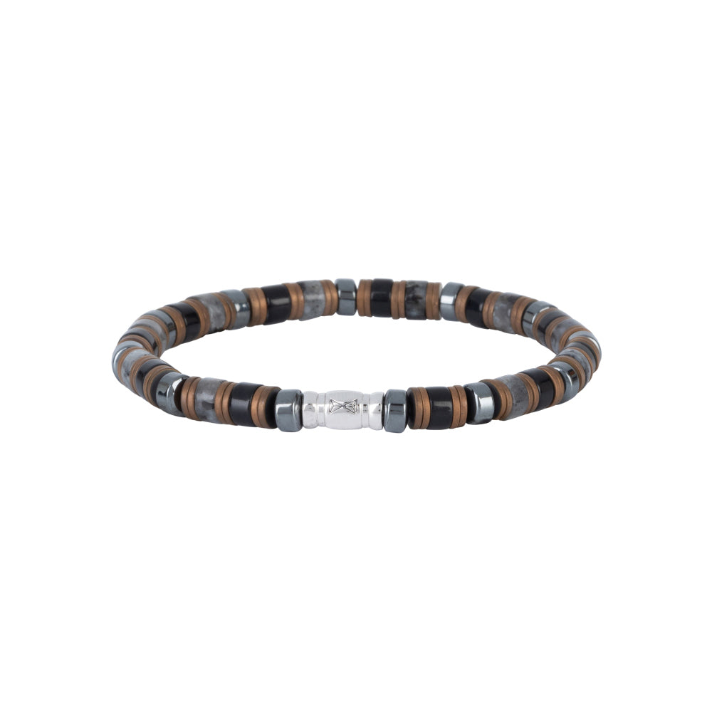 Bracelet pour homme en perles de 6 mm, avec des éléments en bois et des accents métalliques.
