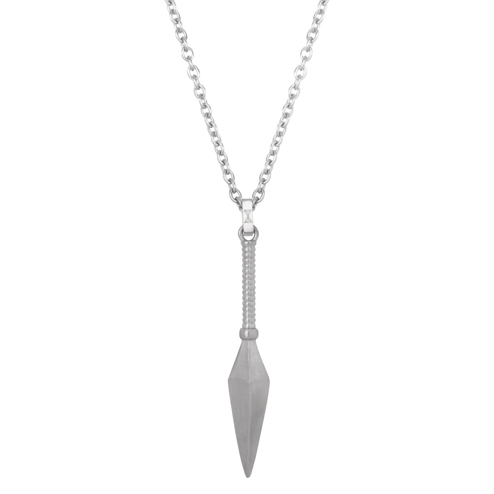 Collier en inox avec pendentif en forme de lance, finition argentée.