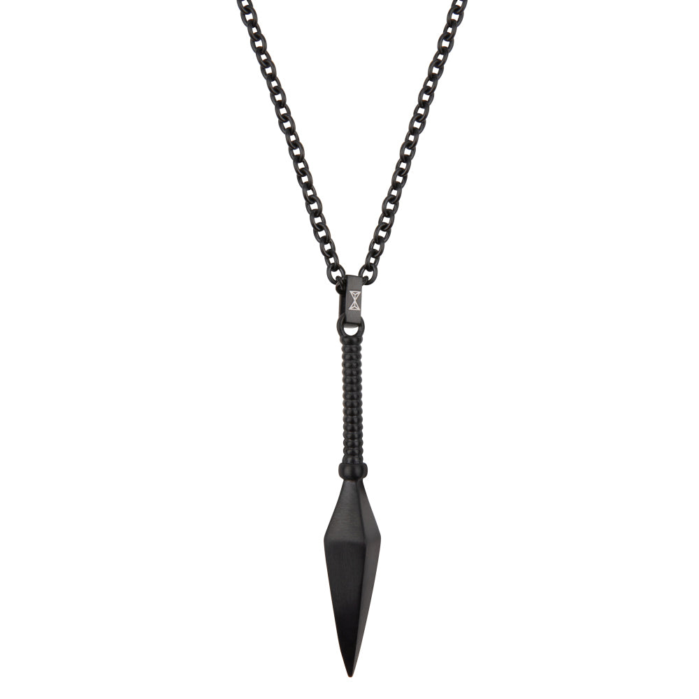 Collier noir avec pendentif en forme de lance, chaîne en métal noir.