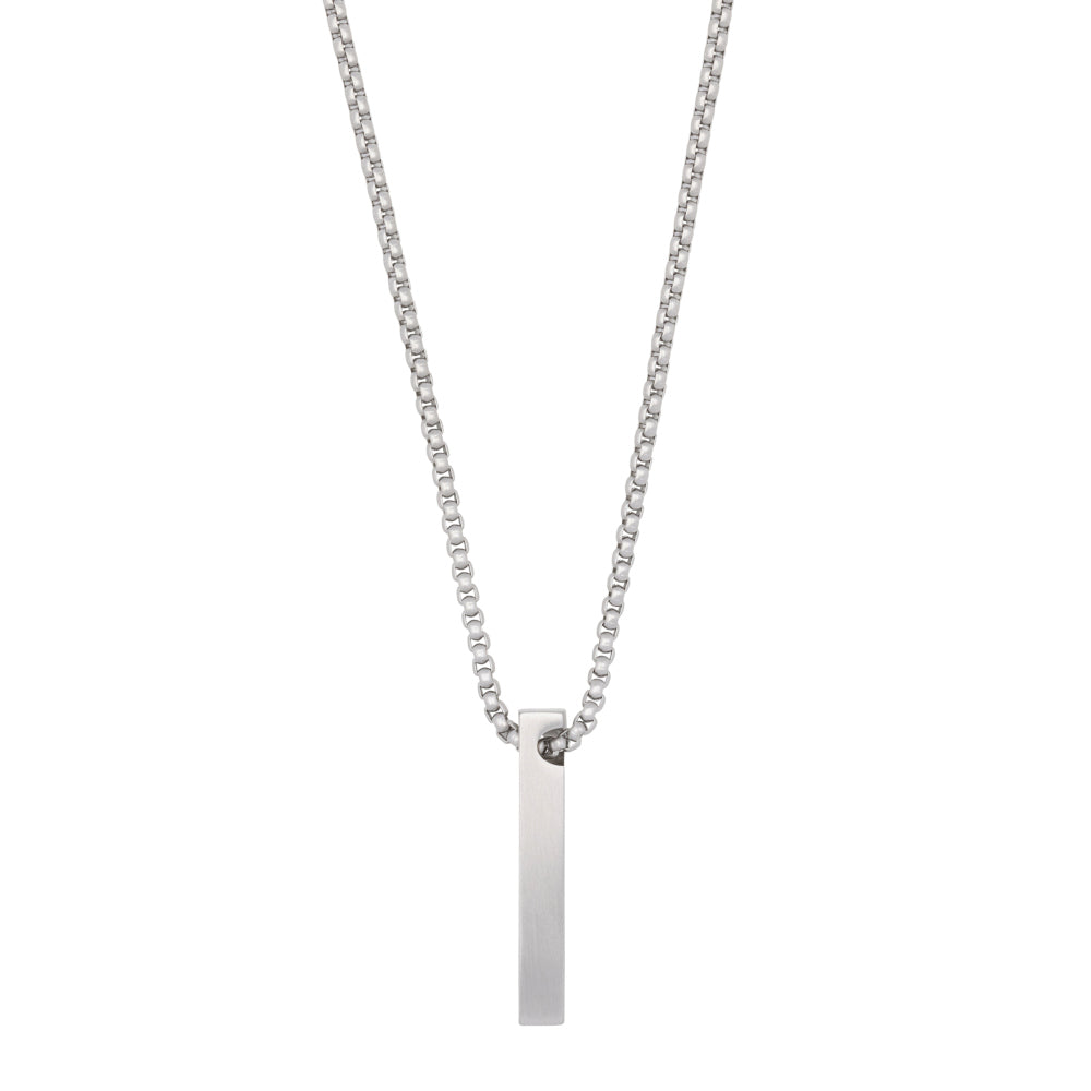 Collier en inox avec un pendentif rectangulaire et une chaîne argentée.