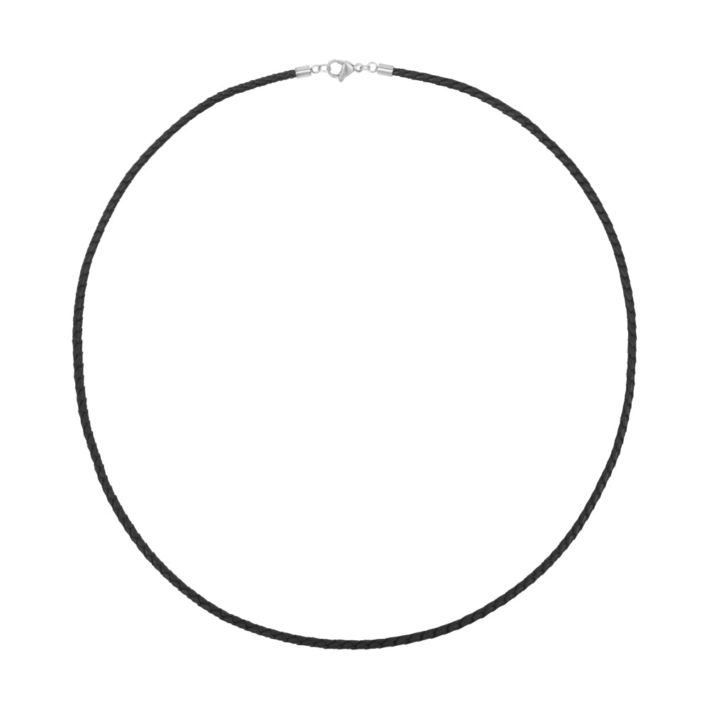 Cordon en cuir noir tressé de 3 mm, longueur de 60 cm, avec fermoir en métal.