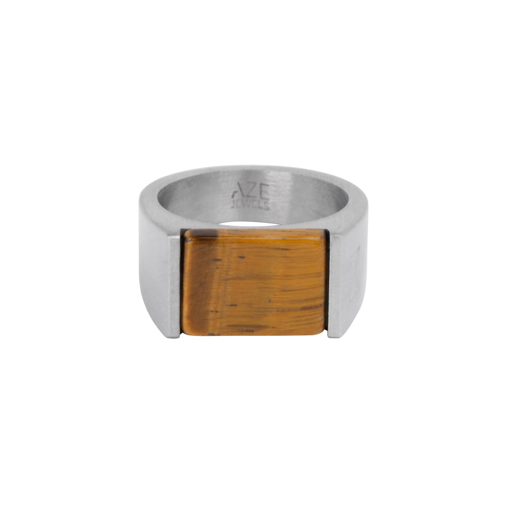AZE Jewels Ring Signet Stone Tiger - Inox heeft een rechthoekige tijgeroogsteen op een sterke, strakke band. Gemaakt van duurzaam RVS 316L, is dit zilverkleurige stuk een voorbeeld van modern minimalisme.