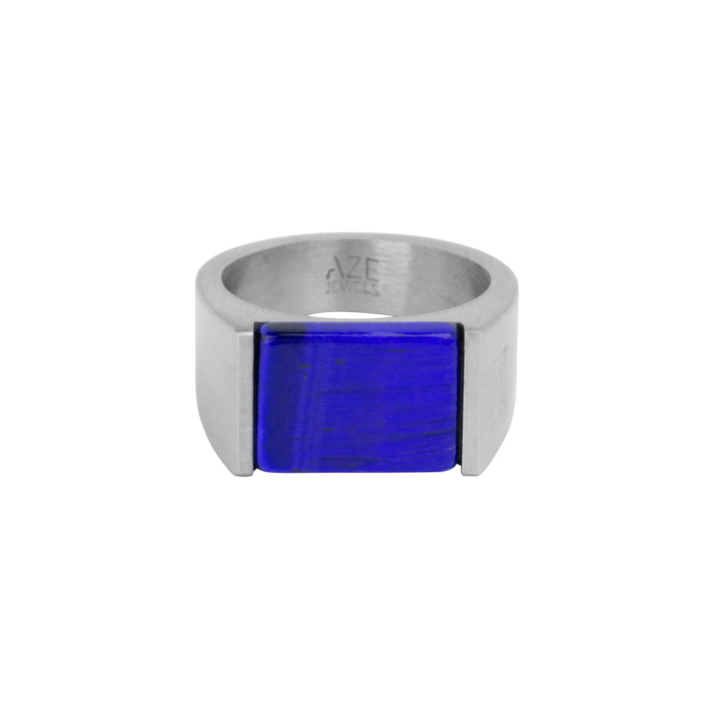 Bague en inox avec une pierre de lapis-lazuli rectangulaire.