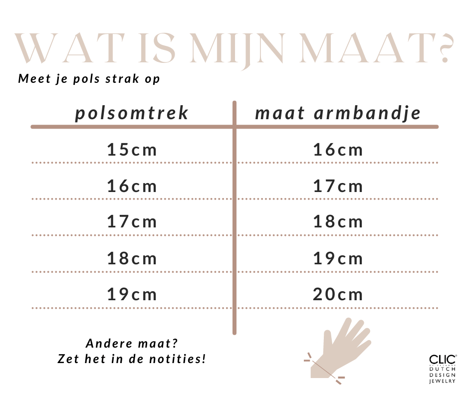 Een Wat is mijn maat?-tabel toont polsomtrekken naast armbandmaten, variërend van 15-16 cm tot 19-20 cm. Een geïllustreerde hand suggereert het noteren van maten voor uw CLIC Creations Thinking of You Armband A710GG, verkrijgbaar in edelstaal of goudkleurig met een bajonetsluiting.