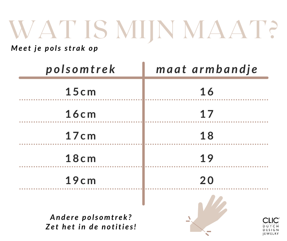 Een Wat is mijn maat? grafiek toont polsmaten met armbandmaten: 15cm-16, 16cm-17, 17cm-18, 18cm-19, 19cm-20. Herinnering: Meet je pols strak op. Logo: CLIC Creations. Vind jouw perfecte pasvorm voor de Thinking of You ❤️ armband goud, handgemaakt in Nederland.