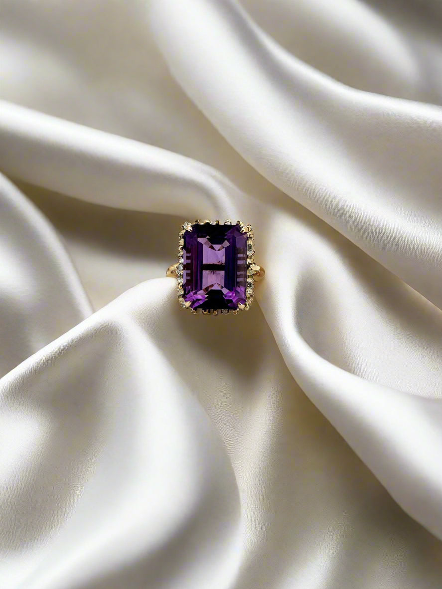 bague vintage en or avec améthyste et diamant 14k 10.7gr