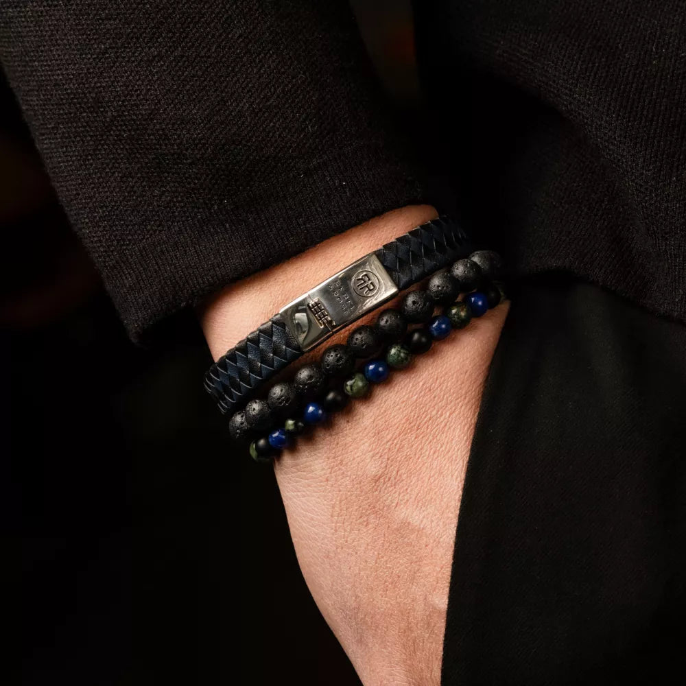 Bracelet tressé plat 925 noir et bleu - pour homme
