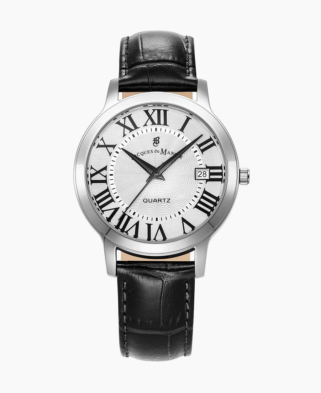 Montre homme avec cadran argenté, chiffres romains, boîtier en acier et bracelet en cuir noir.