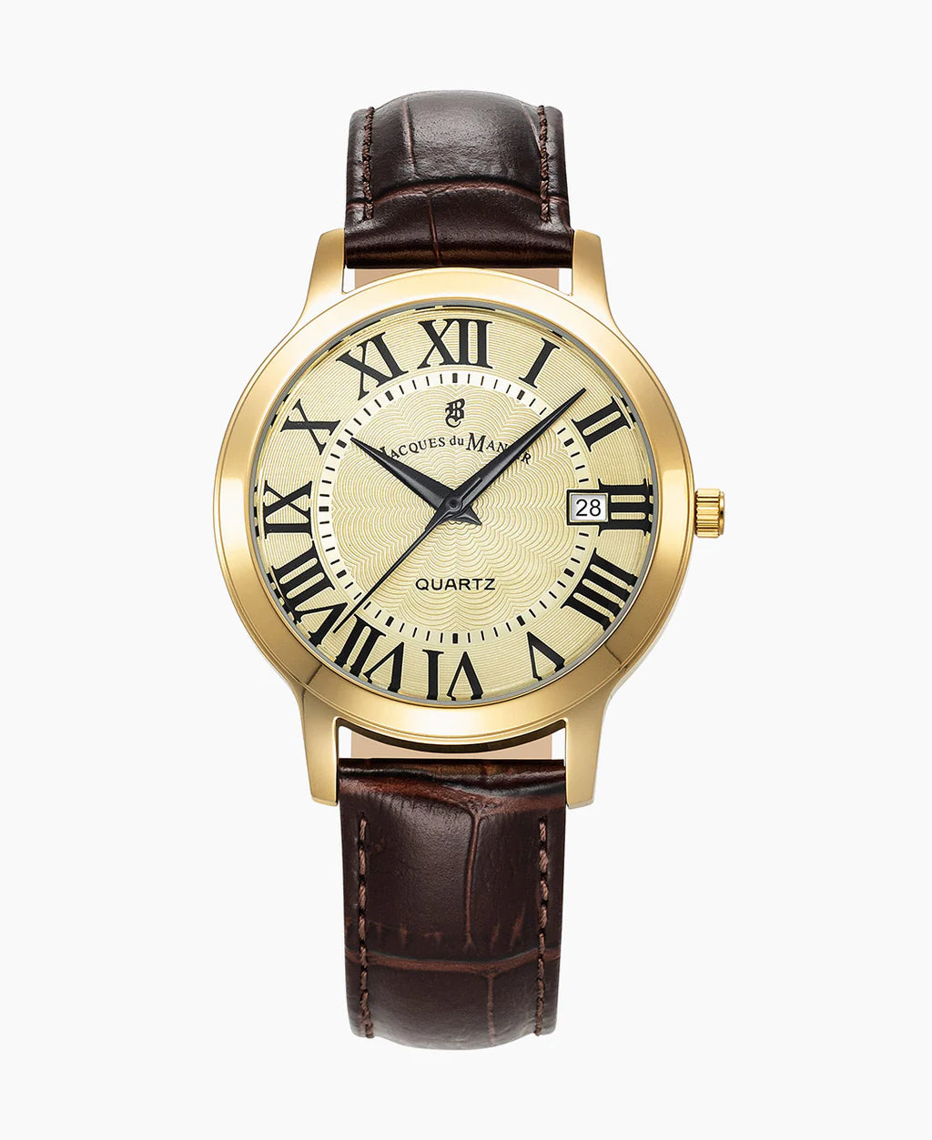 Montre dorée avec cadran crème, chiffres romains, et bracelet en cuir marron.