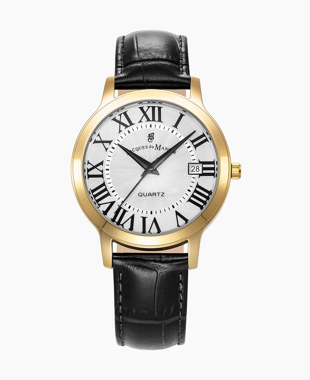 Montre homme avec boîtier doré, cadran argenté et bracelet en cuir noir.