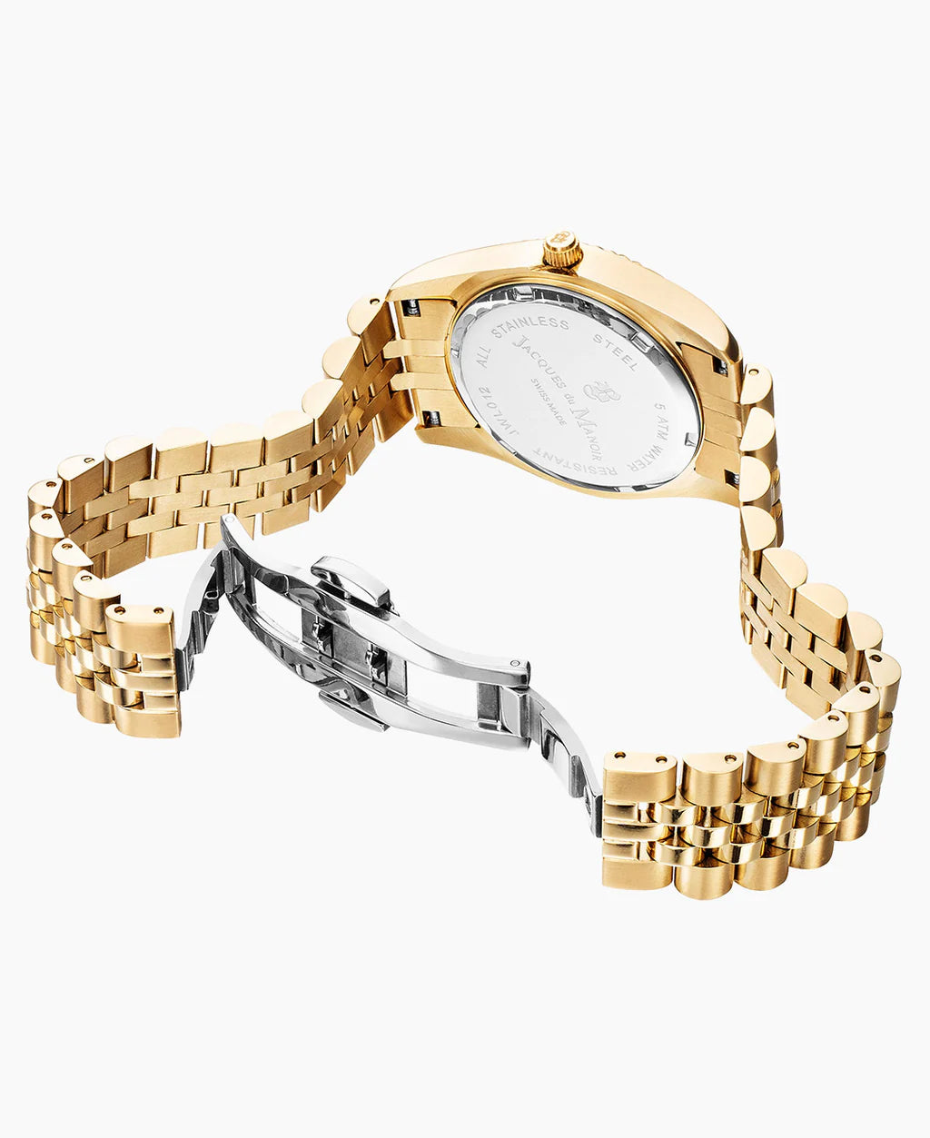 Een goudkleurig Jacques Du Manoir Inspiration 31mm horloge met een tweekleurige metalen band, open getoond met zichtbare vouwsluiting en roestvrijstalen achterkant van de kast omhoog.