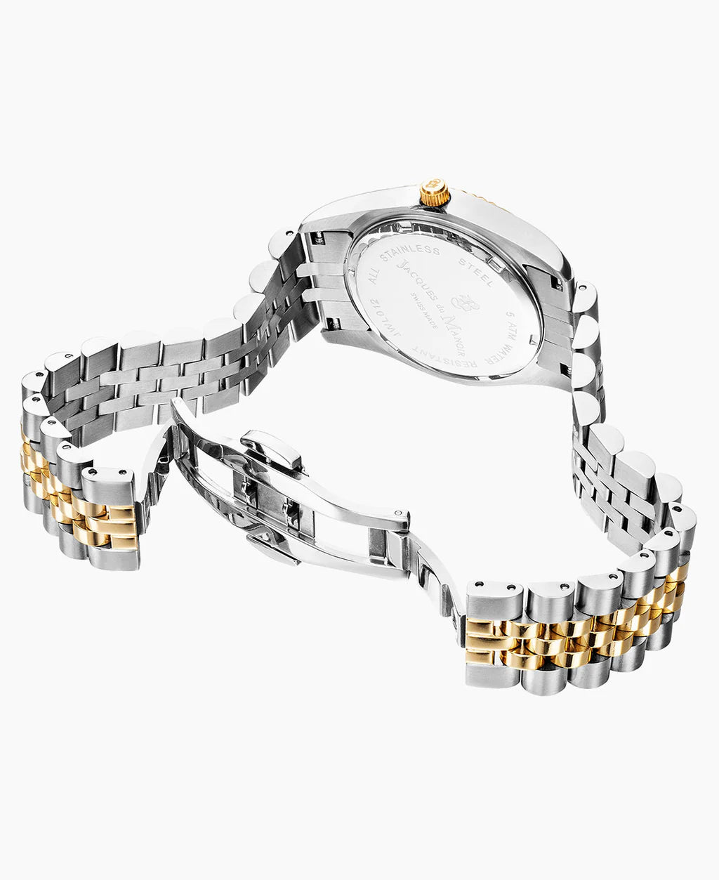 De Jacques Du Manoir Inspiration 31mm dameshorloge, afgebeeld vanaf de achterkant, heeft een tweekleurige zilver- en goudkleurige schakelarmband met een opengeklapte weergave die de horlogekast en het slotmechanisme laat zien. Dit elegante horloge heeft een quartz uurwerk.